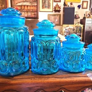 L.E . Smith aqua marine moon and stars glass canisters